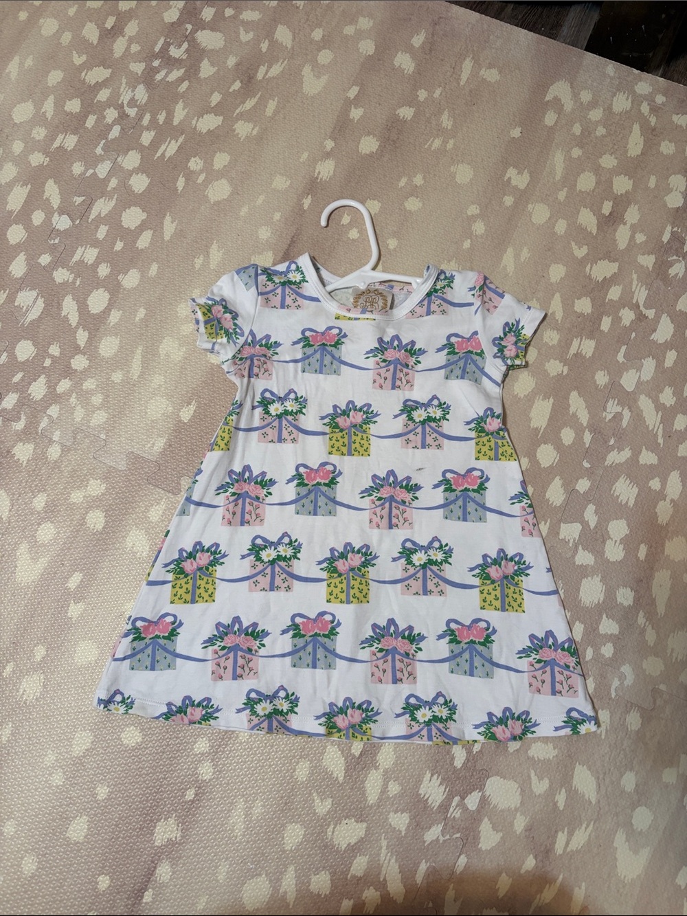The Beaufort Bonnet Company White Dress with Pink, Green & Blue Present Print